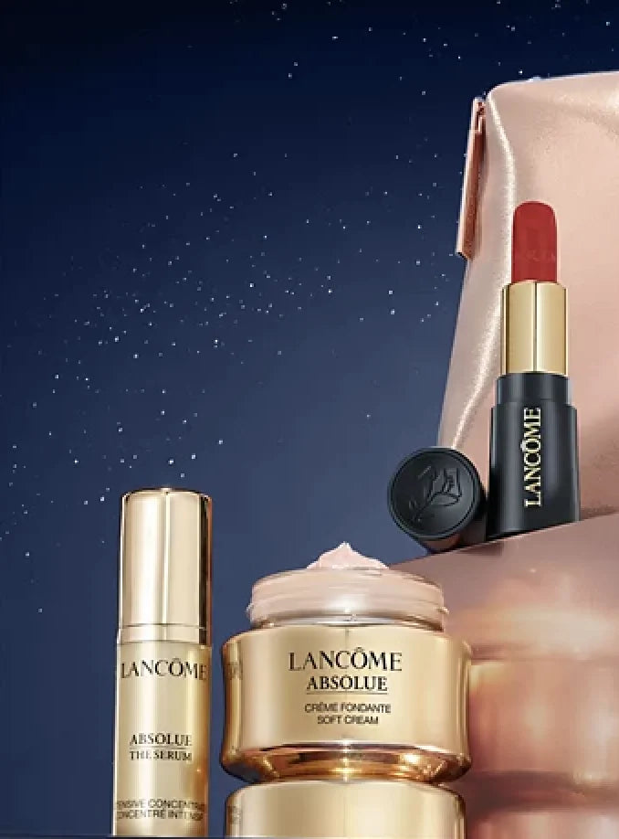 4-pc Lancome Absolue Set: Soft Cream 0.5oz, The Serum 0.16 oz, Lipstick French Touch travel size and bag